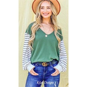 V neck, long sleeve  Kelly green with stripe contrast